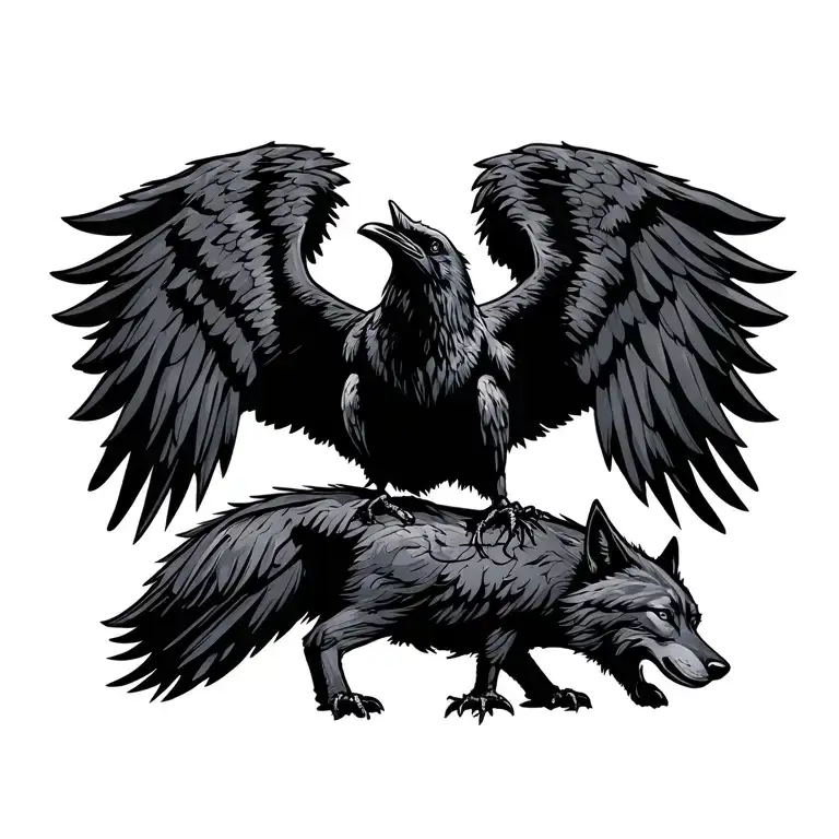 crow with head tilted up and wings spread, with wolf incorporated under the crow tattoo design idea
