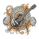 create one tattoo (simple) design in tribal style, for the idea of 'music and mountain'; use an outline of a guitar  tattoo design idea