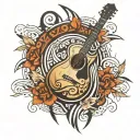 create one tattoo (simple) design in tribal style, for the idea of 'music and mountain'; use an outline of a guitar  tattoo design idea
