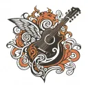 create one tattoo (simple) design in tribal style, for the idea of 'music and mountain'; use an outline of a guitar  tattoo design idea