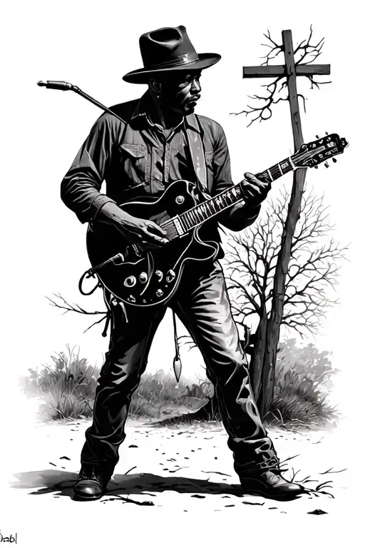 Robert Johnson, the blues player,  on his way to a crossroad where the devil is waiting. like the legend goes tattoo design idea