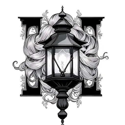 Rapunzel lantern in black and smoked colored line tattoo design idea