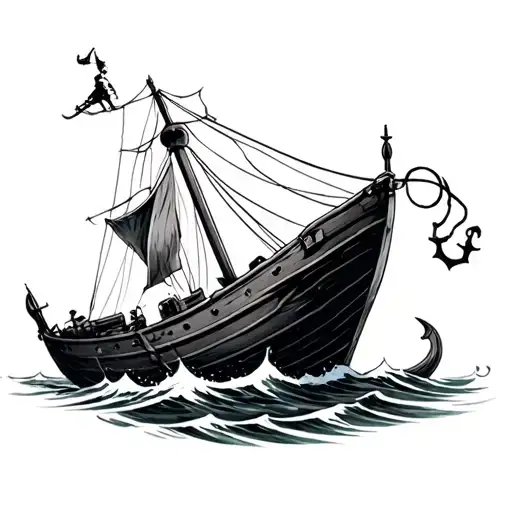 A small boat sinking in a stormy sea, • A small anchor attached to it, • A boat in an attack position biting the boat. tattoo design idea