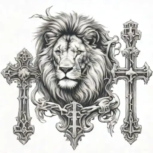 lion and 3 crosses tattoo design idea