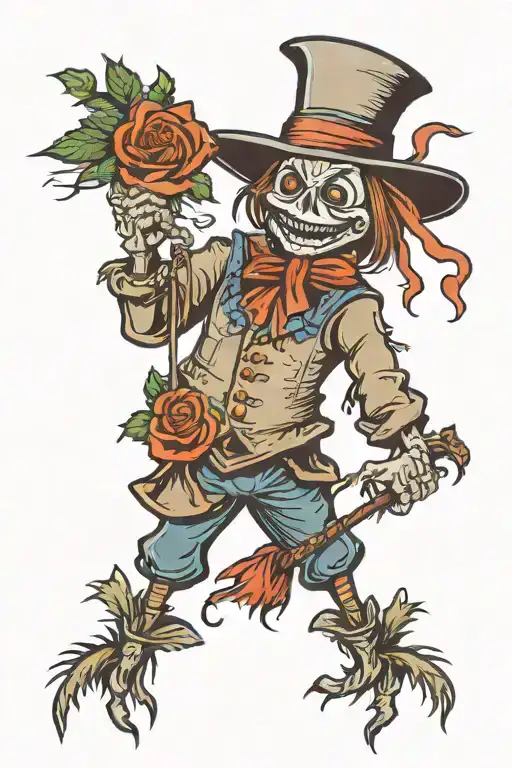 cartoon style scarecrow with roses tattoo design idea