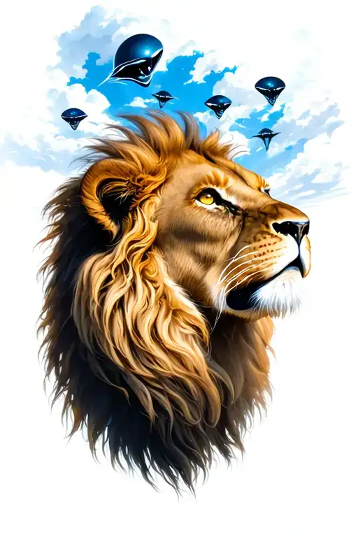 Lion Looking Up, Blue Sky Filled With Aliens All Over. tattoo design idea