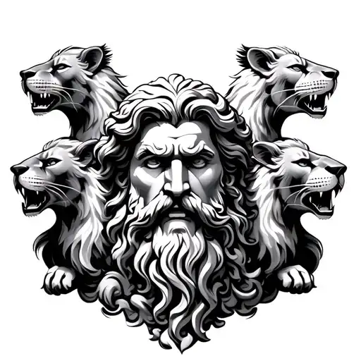 foreboding bearded greek god head flanked by roaring lions in front of Olympus tattoo design idea