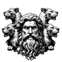 foreboding bearded greek god head flanked by roaring lions in front of Olympus tattoo design idea