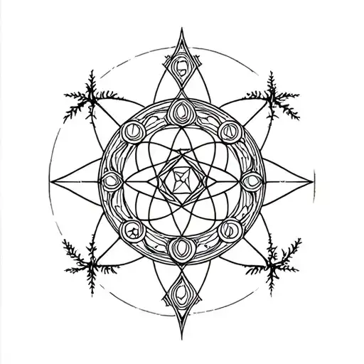 soundwaves, forest at night, lone human, frequencies from trees, Sri yantra, flower of life, chakra  tattoo design idea