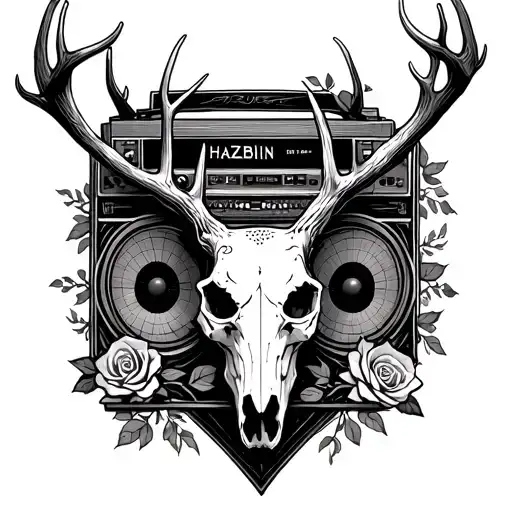 1900s Hazbin Hotel radio demon cathedral radio with deer skull in front, and vines/roses around the antlers and radio tattoo design idea