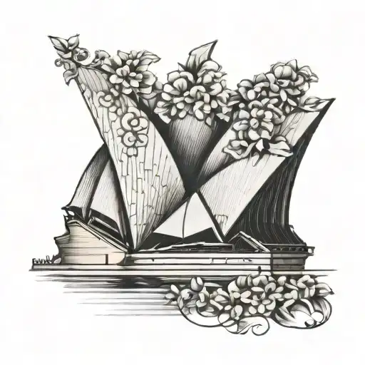 sideview of sydney opera house with flowers tattoo design idea