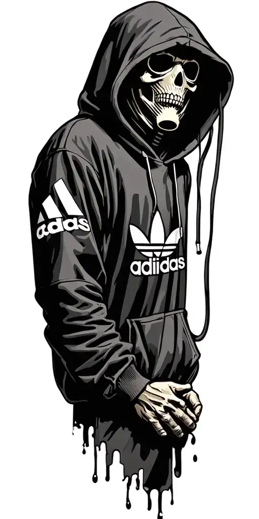 grim reaper in a realistic wartime gas mask wearing a realistic Adidas logo heavy hoody with hands in pocket tattoo design idea