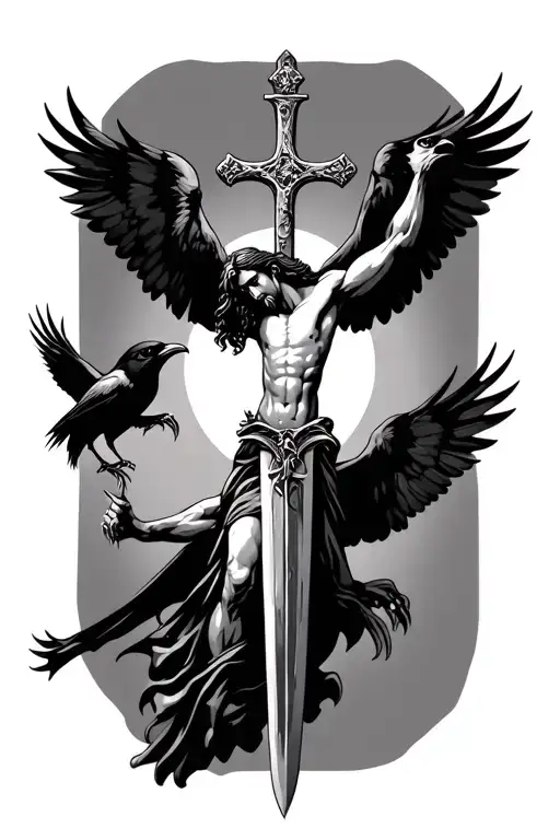 jesus on a sword cross, with crows wings and flying with claws no background tattoo design idea