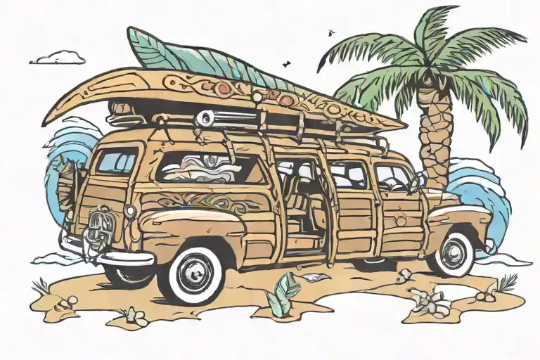 woody surf wagon with surf boards on a tropical beach tattoo design idea