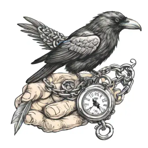 Crow ring on finger connected by a chain to a pocket watch. Feathers, the crow has a tear, tattoo design idea