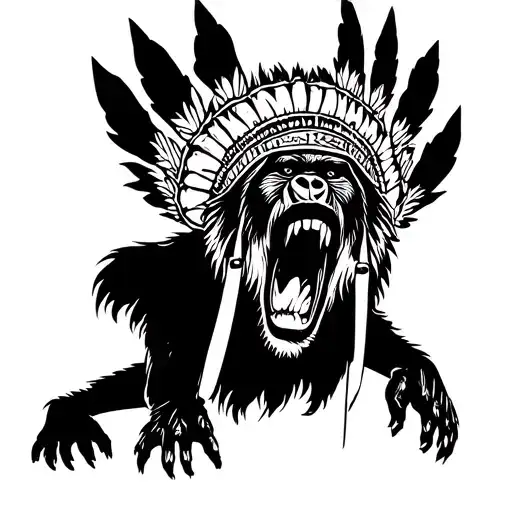 screaming scary baboon with big teeth wearing a native headdress  tattoo design idea