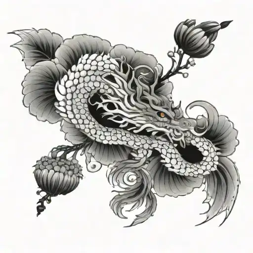 Arm sleeve tattoo featuring japanese dragaon and japanese chrysanthemum flowers  tattoo design idea