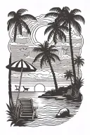 beach sunset scene with palm trees, beach chairs far away tattoo design idea