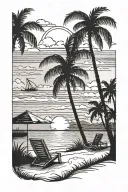 beach sunset scene with palm trees, beach chairs far away tattoo design idea