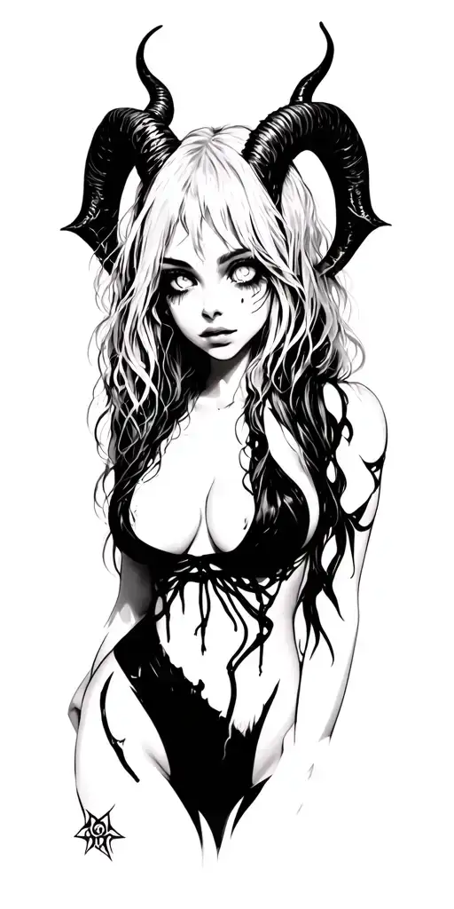 Sexy Pale Girl, Petite, Big Boobs, Wide Hips, G-string. Messy Hair, Horns, Sexual.... on hood, white eyes, druid tattoo design idea
