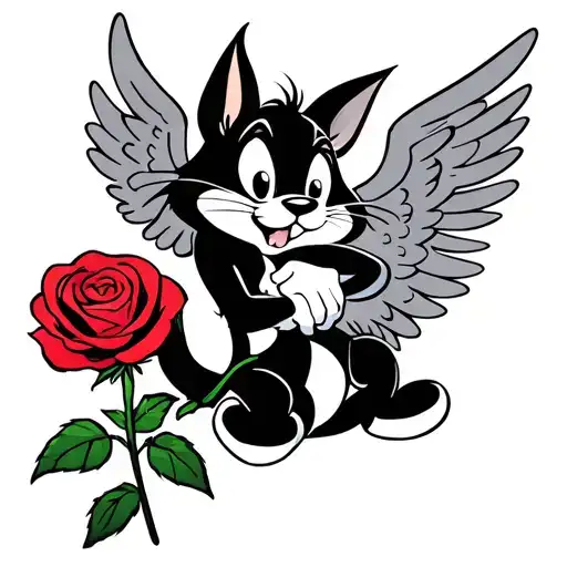 Sylvester cat from loonie tunes with angel wings holding a rose tattoo design idea