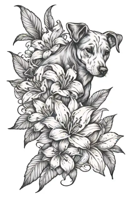 a man's sleeve tattoo featuring lilly flowers and a dog's paw  in the middle of it tattoo design idea