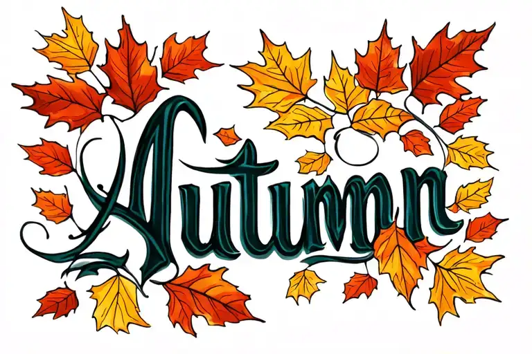 autumn name with leaves falling tattoo design idea