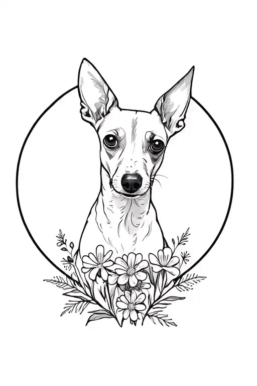 Miniature Pinscher aurrounded by forget me not flowers tattoo design idea