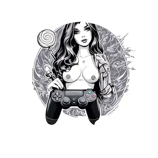 lady's chest, with boobs, with lollipop in hand and ps controller in second hand tattoo design idea