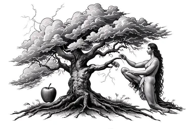  Make me an Adam and Eve tattoo image with them biting the apple under the tree with lightning and dark clouds detailed tattoo design idea