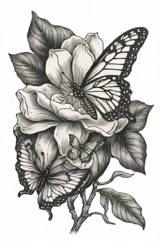 magnolia flower with half monarch butterfly landing on it  tattoo design idea