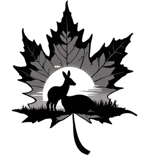 canadian maple leaf with a sunset and upright kangaroo in the background of the leaf tattoo design idea