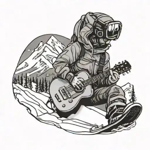 A tattoo design featuring Zach Bryan playing guitar with a snowy mountain backdrop, incorporating elements of snowboarding gear tattoo design idea