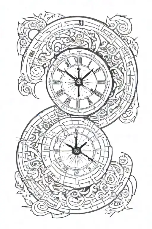 Clock with 12:00 AM as main focus. With the moon, the sun and the earth, with a small capricorn sign tattoo design idea