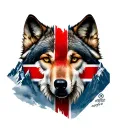 wolf surrounded, union jack face mountains inside tattoo design idea