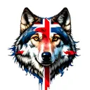 wolf surrounded, union jack face mountains inside tattoo design idea