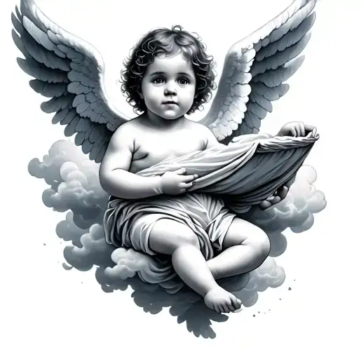 baby angel holding a sheet with clouds surrounding tattoo design idea