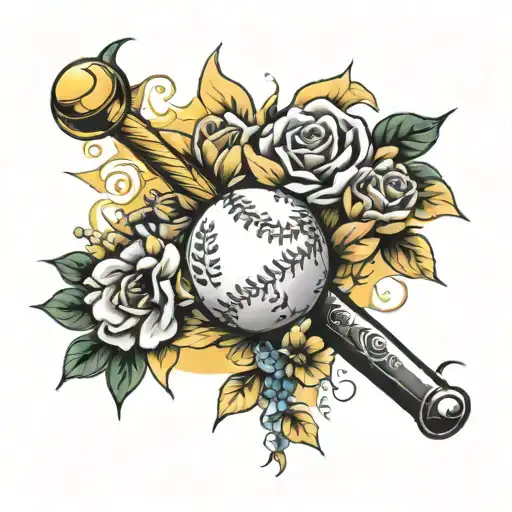 softball and flowers incorporated tattoo design idea