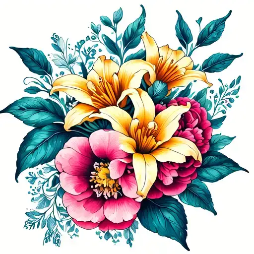 shoulder design with sweet pea, marigold, lillies and peonies cluster with mandala twist tattoo design idea