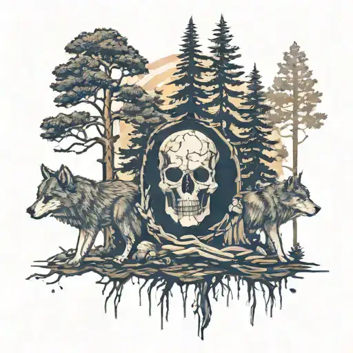 pine trees with skull shape in negative space surrounded by wolves  tattoo design idea