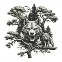 pine trees with skull shape in negative space surrounded by wolves  tattoo design idea