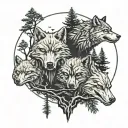 pine trees with skull shape in negative space surrounded by wolves  tattoo design idea