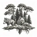 pine trees with skull shape in negative space surrounded by wolves  tattoo design idea