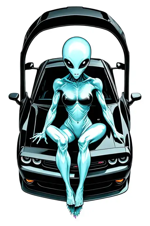 an alien sitting inside of a black dodge challenger car tattoo design idea