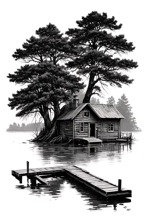 swamp cypress trees, cabin and dock tattoo design idea