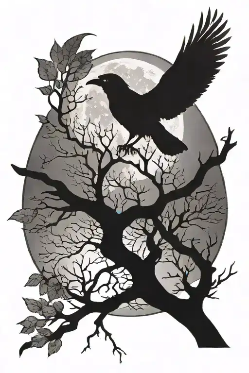 crow in a tree full moon rising tattoo design idea