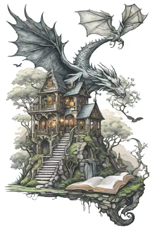 fantasy, books, princess elves dragons landscape, kingdom tattoo design idea