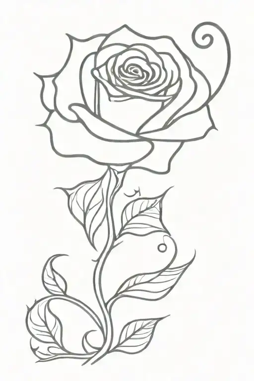 rose with swirly stem and heart at the end tattoo design idea