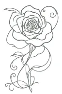rose with swirly stem and heart at the end tattoo design idea