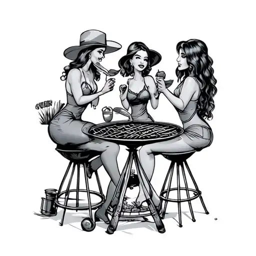 saloon at a bbq with California girls eating a chicken leg tattoo design idea